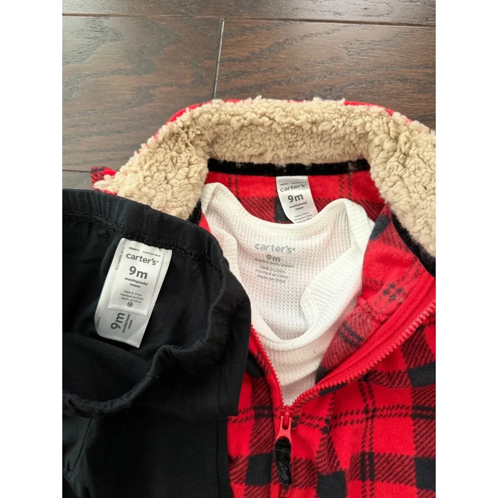 Carters Baby 9M 3Piece Buffalo Plaid Fleece Vest Bodysuit Leggings Set Red Black